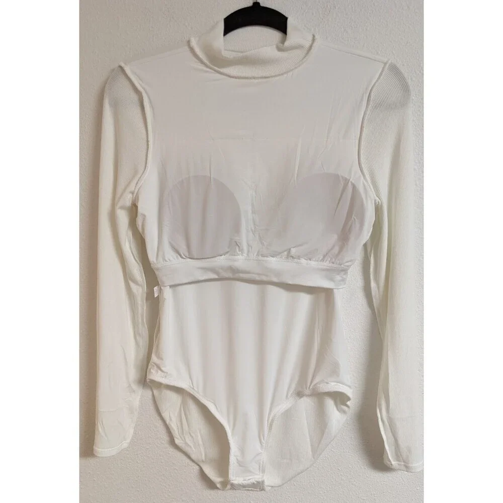 NWT~SOMA White Ribbed Mock Neck Bodysuit w/ Built-In Bra Medium  $69.95 - Picture 7 of 10